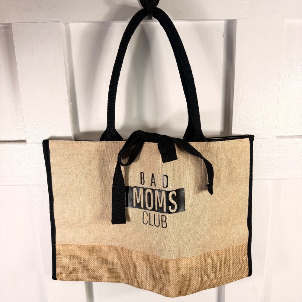 TBF Reusable Bags Bad Moms Club Burlap Tan Black Tote **Kim Personalized READ**